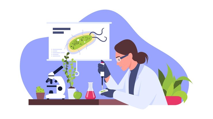 Vetor ilustração vetorial de biólogos cena de desenho animado com uma garota científica que estuda microorganismos sob um microscópio em fundo branco