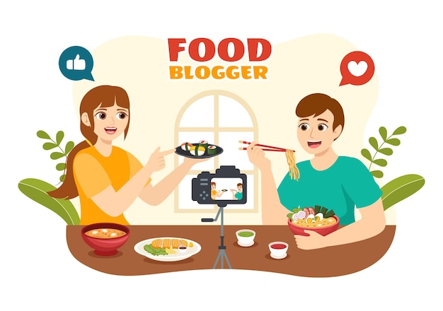 Ilustração vetorial de blogueiro de comida com análise de influenciador e compartilhe no blog em desenho animado plano