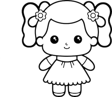 Boneca De Desenho Animado Ou Garotinha Para Colorir Página Ou Livro.  Conceito De Brinquedo Infantil. Ilustração a Preto E Branco Ilustração  Stock - Ilustração de feliz, boneca: 201256087