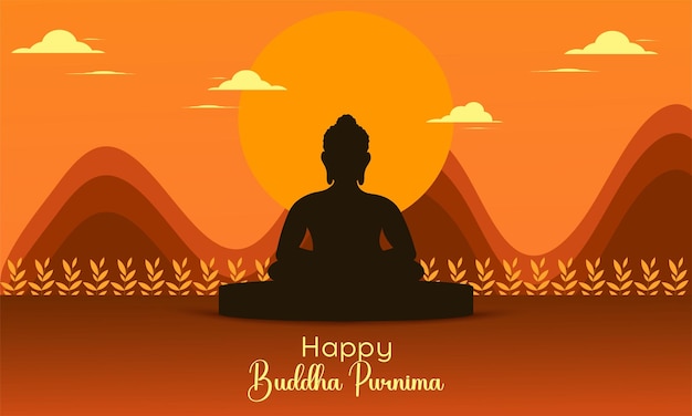 Ilustração vetorial de Buda meditando em uma bela paisagem montanhosa fundo calmante à noite Feliz Buda Purnima