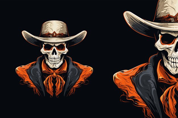 Western Cowboy Esqueleto Crânio Vetor Desenhado à Mão Desenhos