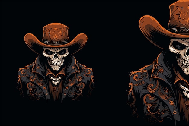 Western Cowboy Esqueleto Crânio Vetor Desenhado à Mão Desenhos