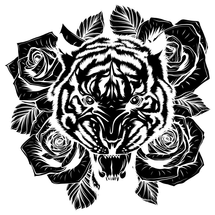 Vetor ilustração vetorial de cabeça de tigre rugindo e rosas