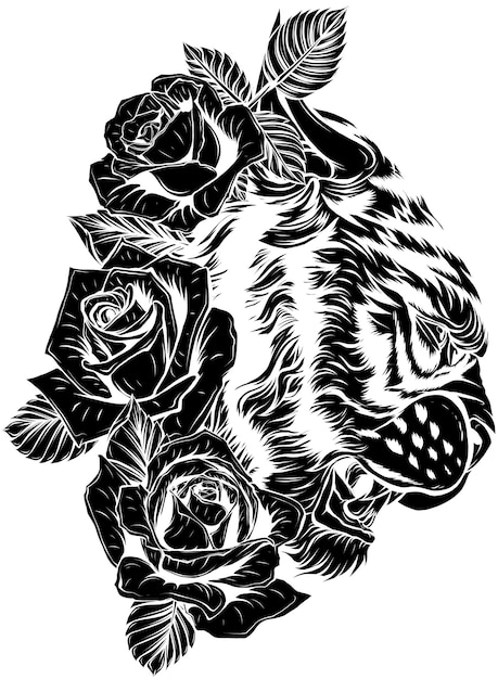 Ilustração vetorial de cabeça de tigre rugindo e tatuagem de rosas