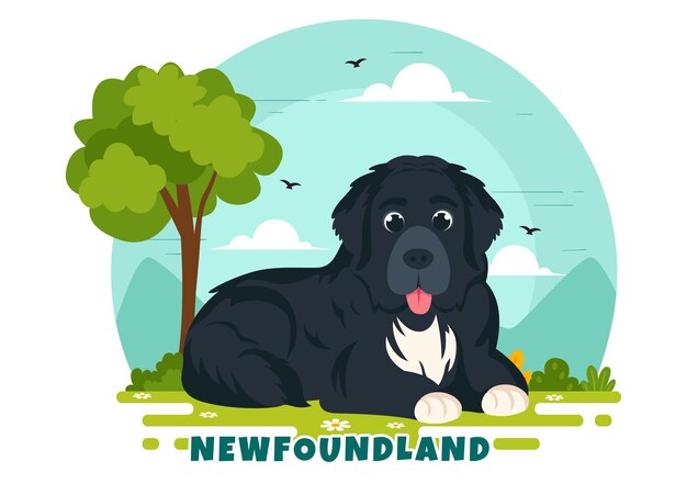 Vetor ilustração vetorial de cães de terranova com cor preta ou landseer em desenho animado bonito de estilo plano