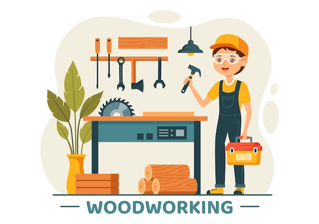 Ilustração vetorial de carpintaria com artesãos e trabalhadores modernos produzindo móveis usando ferramentas apresentadas em um fundo plano de estilo de desenho animado