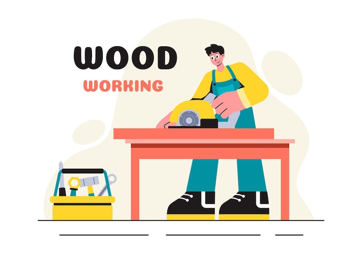 Vetor ilustração vetorial de carpintaria com artesãos e trabalhadores modernos produzindo móveis usando ferramentas em um fundo plano de estilo de desenho animado