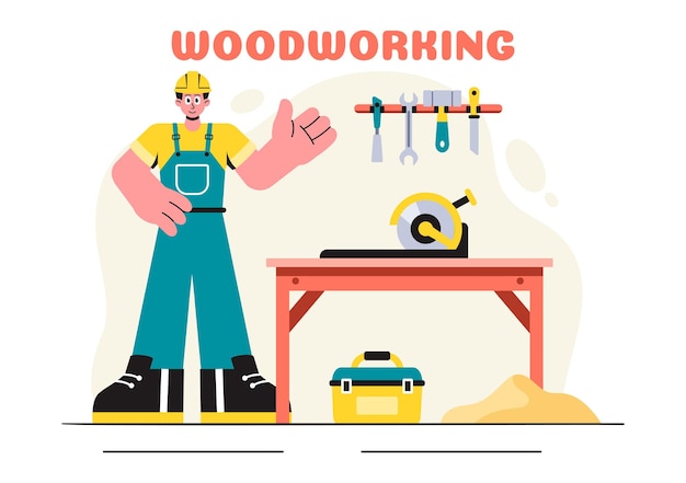 Ilustração vetorial de carpintaria com artesãos e trabalhadores modernos produzindo móveis usando ferramentas em um fundo plano de estilo de desenho animado