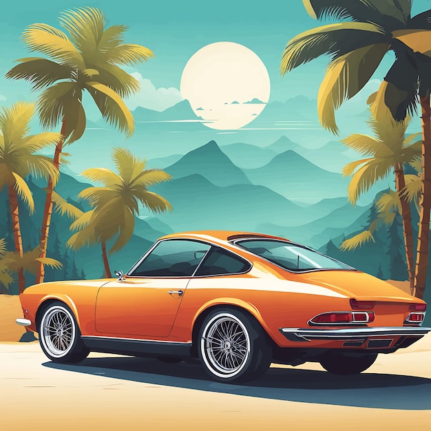 Vetor ilustração vetorial de carro de férias de verão tropical com fundo de verão