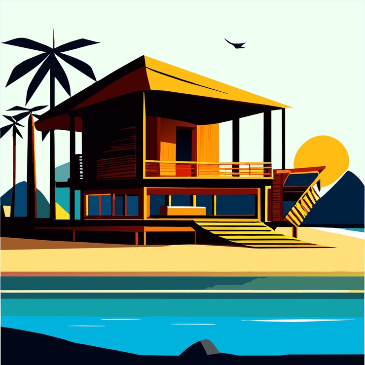 Vetor ilustração vetorial de casa de madeira na praia