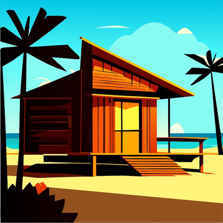 Vetor ilustração vetorial de casa de madeira na praia