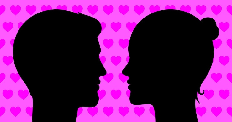 Vetor ilustração vetorial de casal romântico homem e mulher olhando um para o outro em um fundo de corações rosa