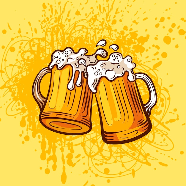 Vetor ilustração vetorial de cerveja em canecas coloridas de estilo vintage de fundo amarelo brilhante