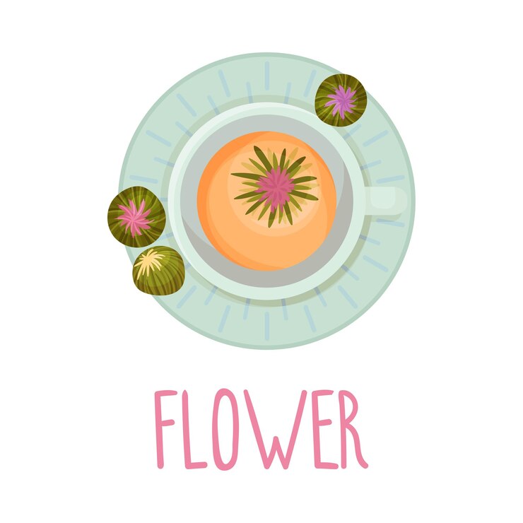 Vetor ilustração vetorial de chá de flores bebida herbal colorida servida em xícara de chá