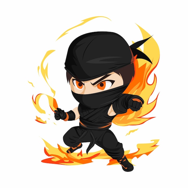 Vetor ilustração vetorial de chibi ninja com uma máscara usando o elemento fogo