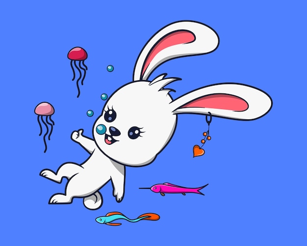 Vetor ilustração vetorial de coelho branco mergulhando na água com peixes e águas-vivas