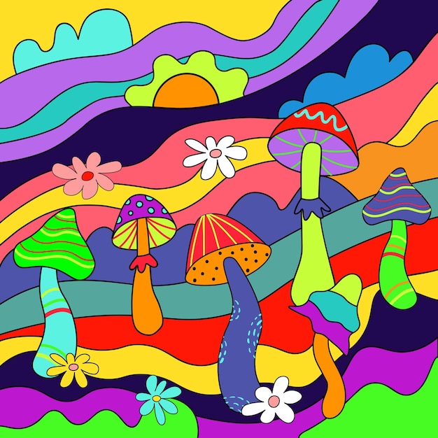 Vetor ilustração vetorial de cogumelos ácido trippy paisagem hippie psicodélica