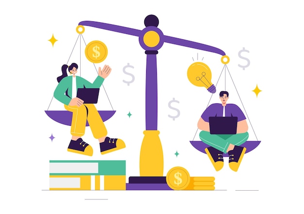 Ilustração vetorial de comparação de preços e inflação na economia mostrando escalas com preços e valores de bens em um fundo de desenho animado de estilo plano