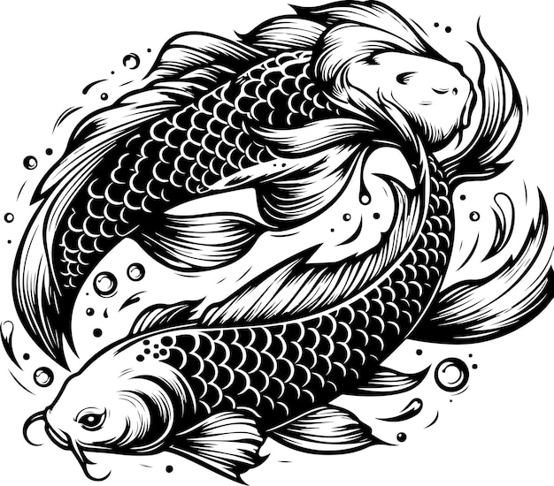 Ilustração vetorial de contorno preto de peixe koi
