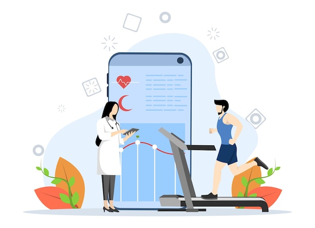 Ilustração vetorial de controle cardiovascular com a exibição de um jovem correndo em uma esteira de controle cardiovascular