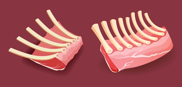 Ilustração vetorial de costela de vitela de carne crua em fundo vermelho