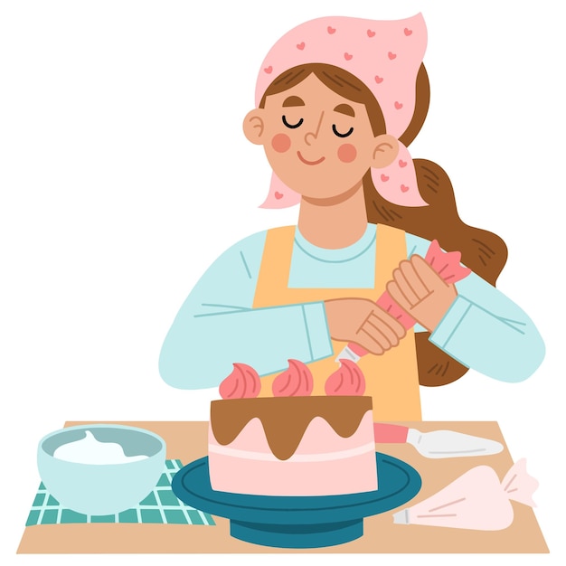 Ilustração vetorial de cozinheira cozinhando bolo