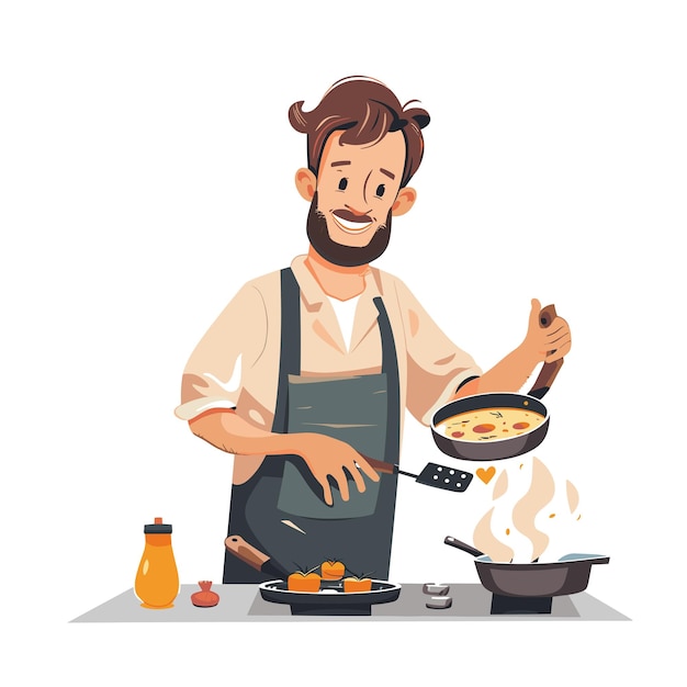 Ilustração vetorial de cozinheiro masculino cozinhando na cozinha