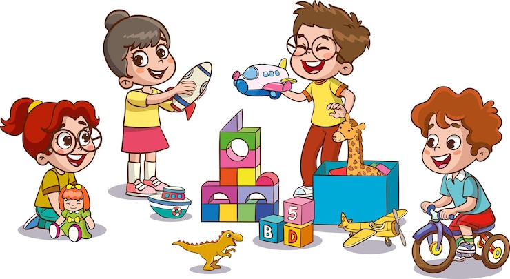 Vetor ilustração vetorial de crianças bonitas no jardim de infância brincando com brinquedos