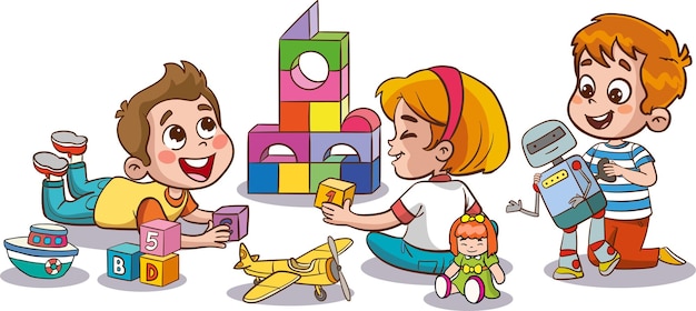 ilustração vetorial de crianças bonitas no jardim de infância brincando com brinquedos