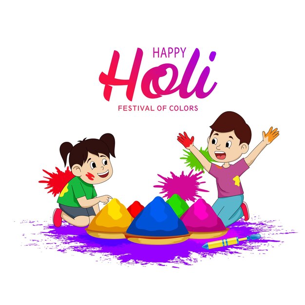 Ilustração vetorial de crianças brincando com cores feliz holi