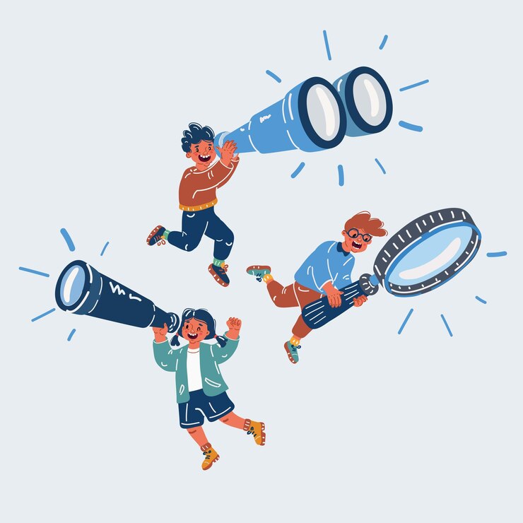 Vetor ilustração vetorial de crianças com binóculos telescópio telescópio lupa