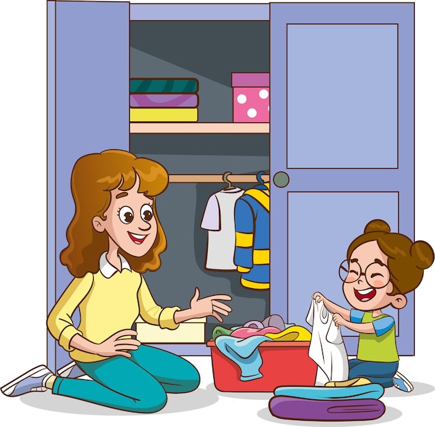 Ilustração vetorial de crianças fofas colocando suas roupas no guarda-roupa com sua mãe