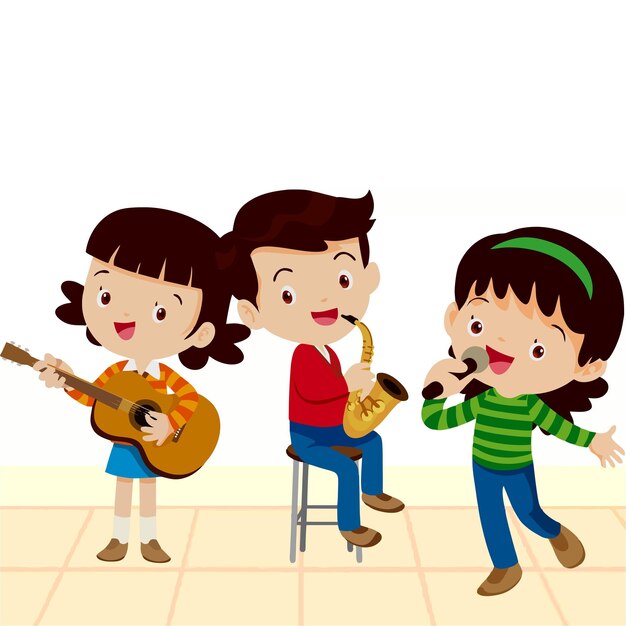 Ilustração vetorial de crianças tocando instrumentos musicais e cantando