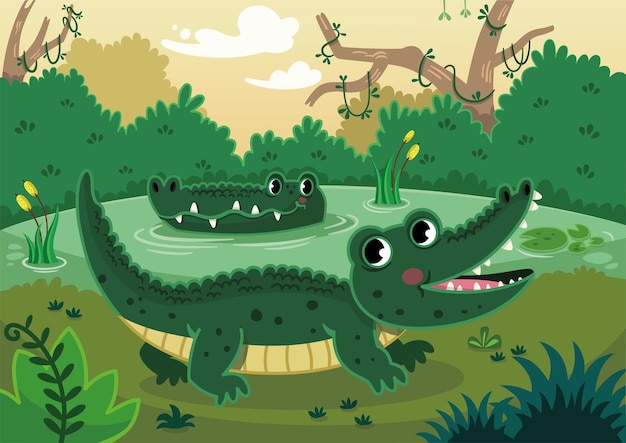 Ilustração vetorial de crocodilos felizes em um pântano