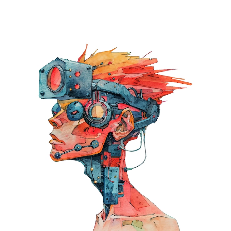 Vetor ilustração vetorial de cyberpunk humano em estilo aquarela