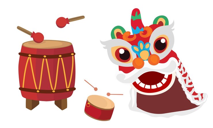 Vetor ilustração vetorial de dança de leão com cabeça de leão e tambor cabeça de leão dançando conceito de outono médio