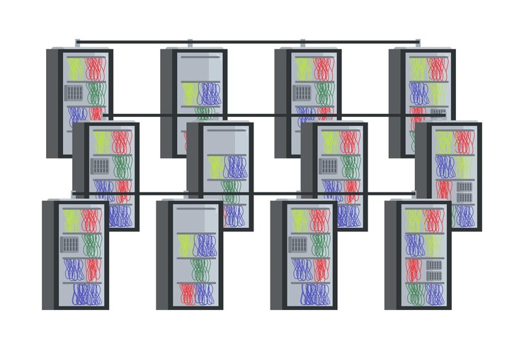 Vetor ilustração vetorial de datacenter server cloud computing vista frontal em estilo de desenho animado sistema de engenharia elétrica com fios isolados em fundo branco