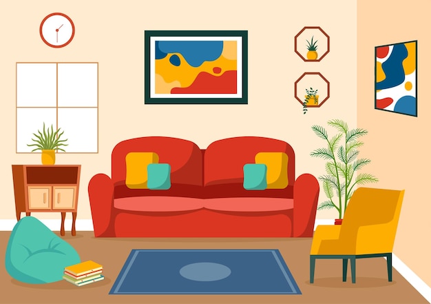 Vetor ilustração vetorial de decoração de casa com interior e móveis de sala de estar