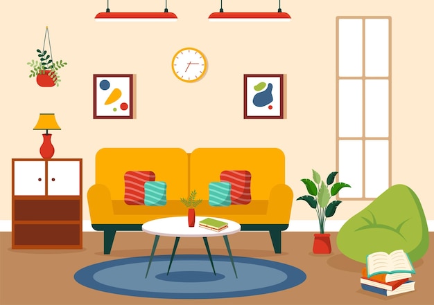 Ilustração vetorial de decoração de casa com interior e móveis de sala de estar
