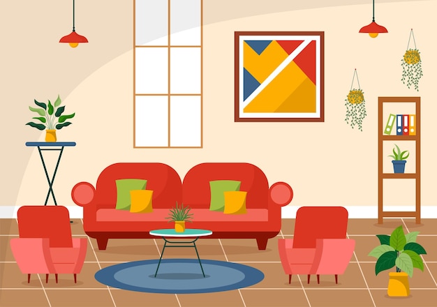 Ilustração vetorial de decoração de casa com interior e móveis de sala de estar