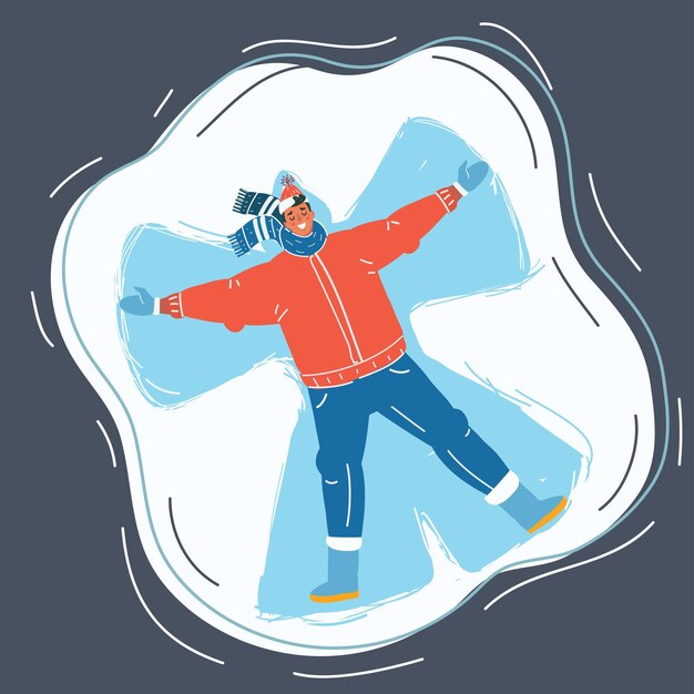 Vetor ilustração vetorial de desenho animado de homem na neve fazer anjo da neve