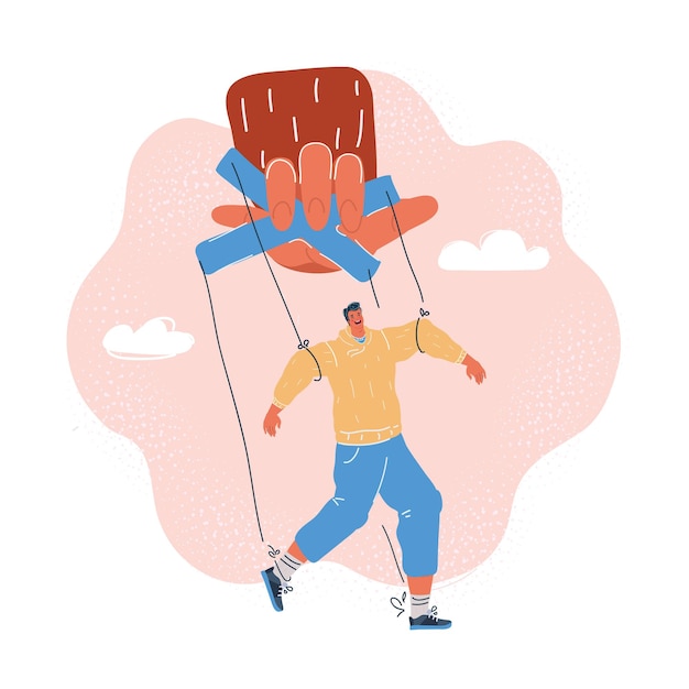 Ilustração vetorial de desenho animado de Ilustração de mestres de fantoches está controlando o pequeno homem com a mão grande