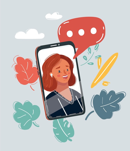 Vetor ilustração vetorial de desenho animado de mulher na tela mulher falando no processo de chamada de vídeo bolha de fala acima
