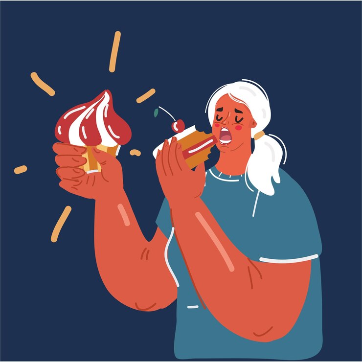 Vetor ilustração vetorial de desenho animado de mulher segurando bolo tentando comê-lo