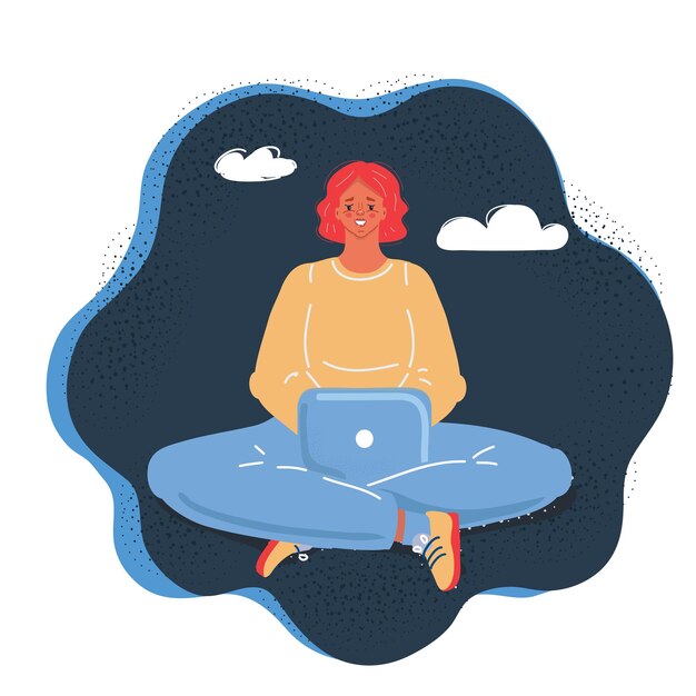 Ilustração vetorial de desenho animado de mulher trabalhando na internet usando laptop em pose de lótus em fundo escuro