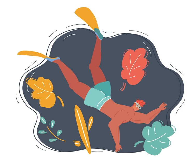 Vetor ilustração vetorial de desenho animado de nadador e mergulhador masculino em fundo escuro