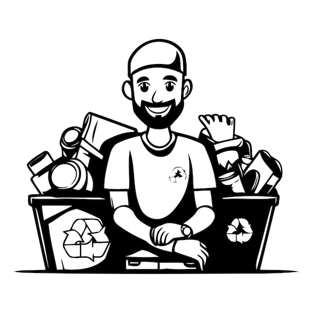 Vetor ilustração vetorial de desenho animado de um homem classificando lixo o conceito de reciclagem