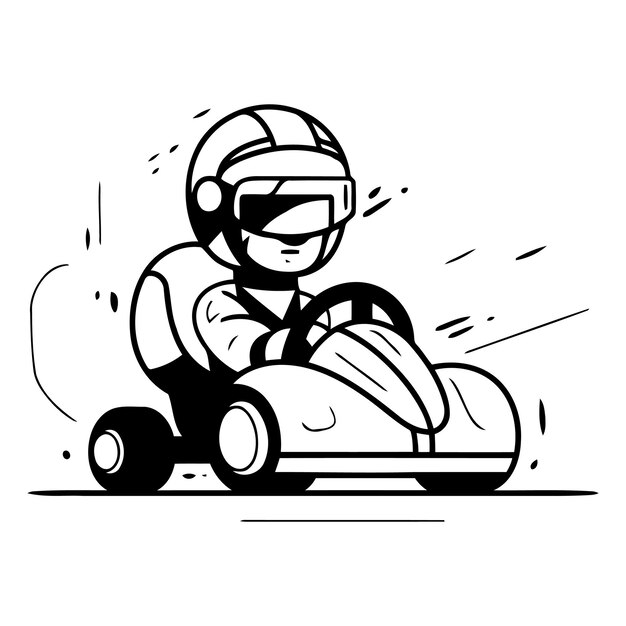 Vetor ilustração vetorial de desenho animado de um menino de karting em capacete dirigindo um carro de corrida