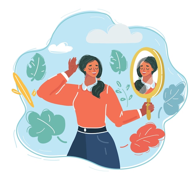 Ilustração vetorial de desenho animado de uma mulher olhando no espelho e se vendo