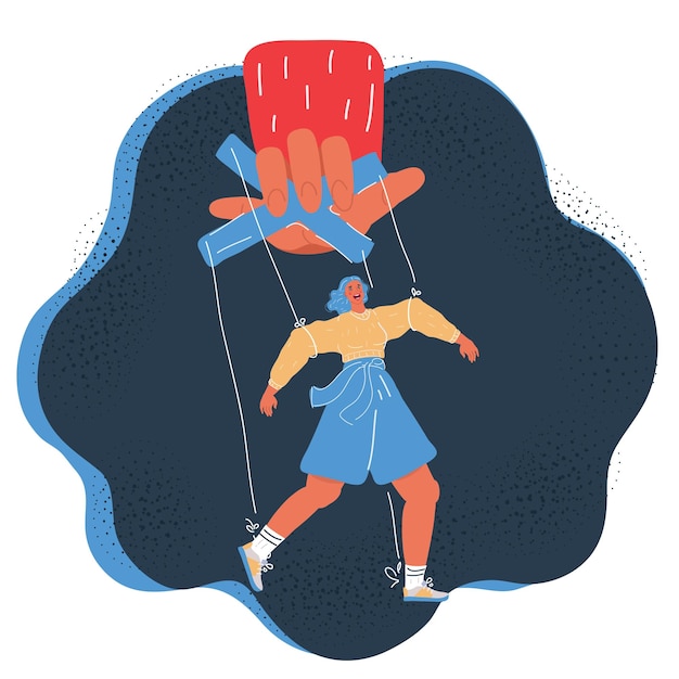 Ilustração vetorial de desenho animado do fantoche de mão Controle da mulher pelo grande chefe mão em fundo escuro